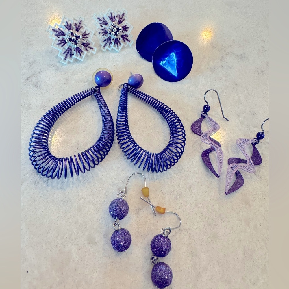 Funky Eclectic Vibrant Purple Plum Earring Lot 5 Dangle Geometric Sparkly 80s